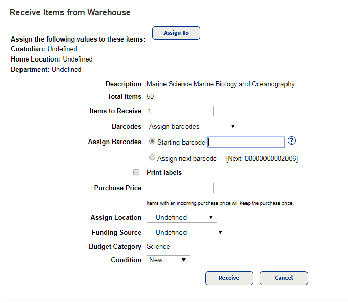 Receive items from warehouse without barcodes.